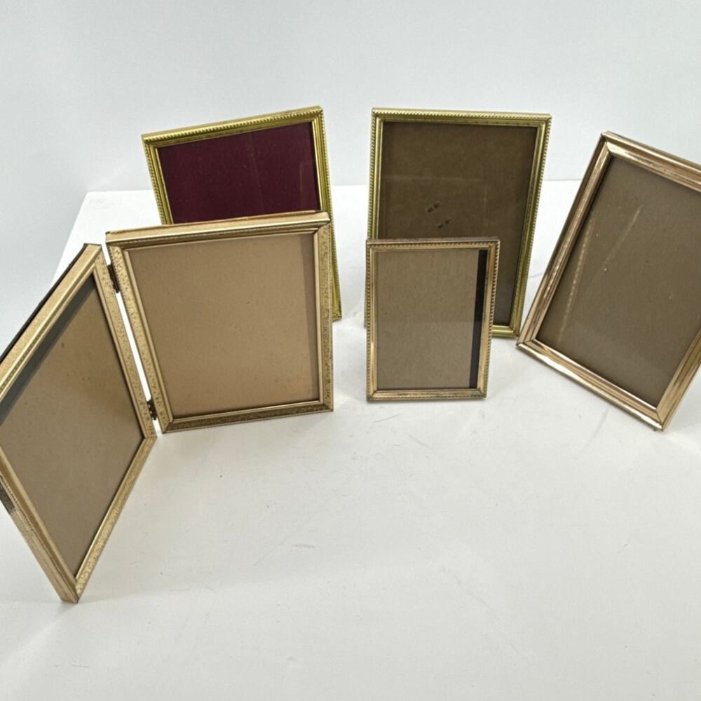 Gold Tone Picture Frame Lot Vintage 5x7 4x6 Double Folding Tabletop Frames Set 5